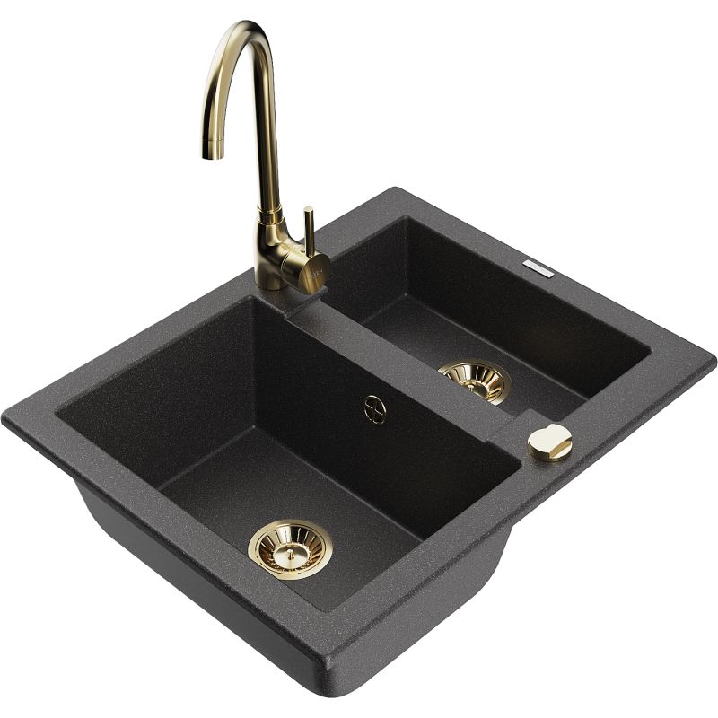 Zlewozmywak granitowy 1.5-komorowy Mexen Carlos z baterią kuchenną Telma czarny nakrapiany 6518-76-670200-50