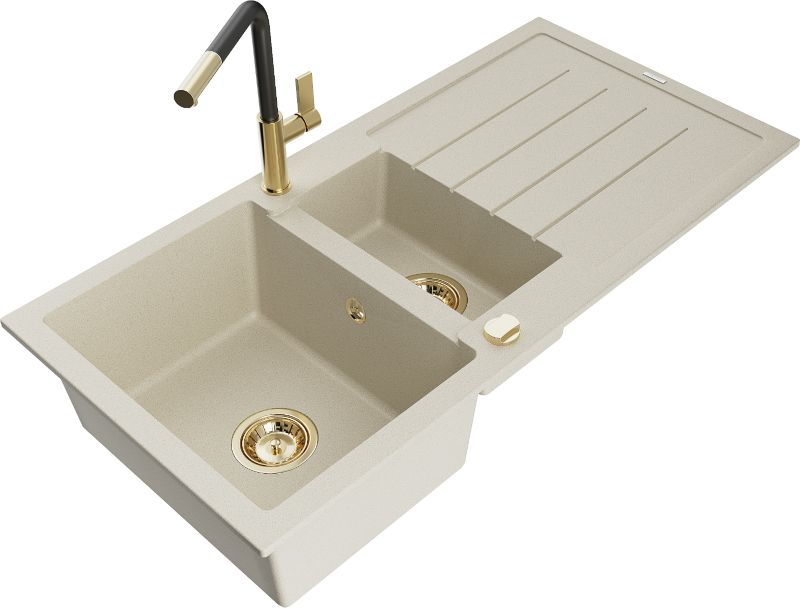 Zlewozmywak granitowy Mexen Andres 1,5-komorowy z ociekaczem i baterią kuchenną Flora beżowy 6515-69-670401-57-G