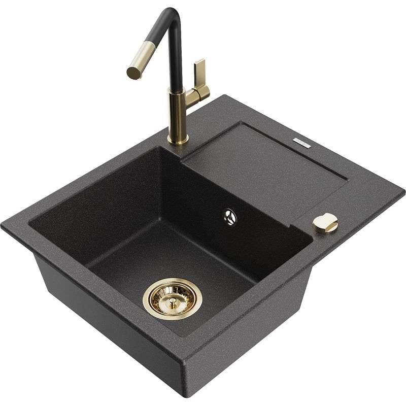 Zlewozmywak granitowy 1-komorowy Mexen Enzo z ociekaczem i baterią kuchenną Flora czarny nakrapiany 6506-76-670401-57-G