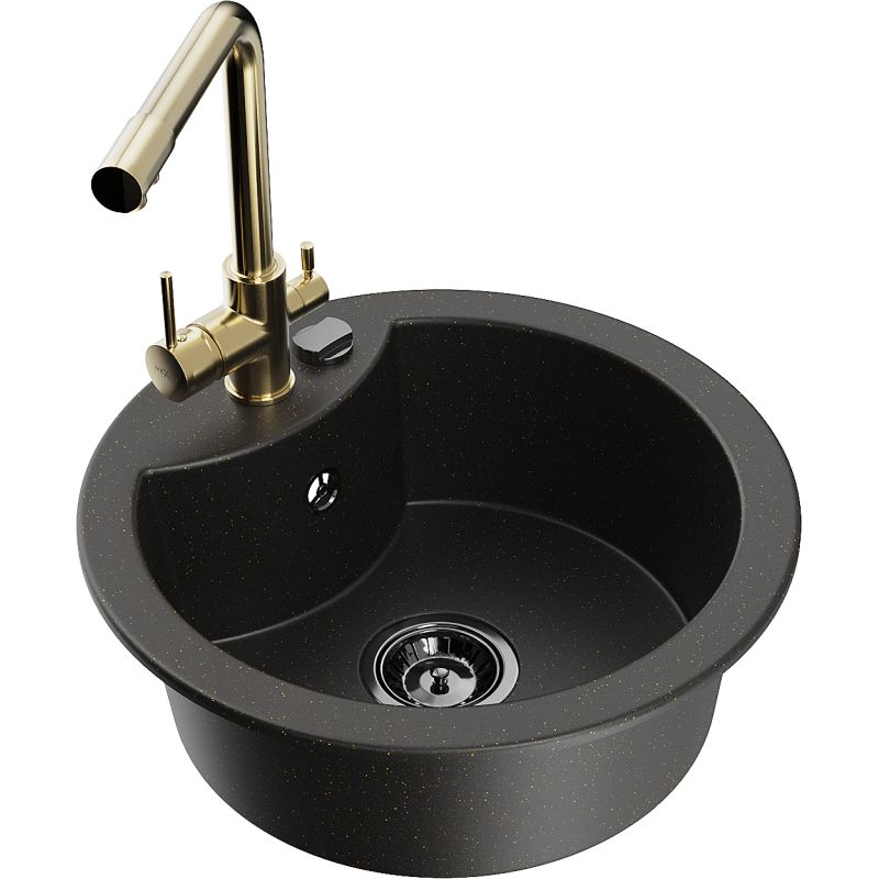Zlewozmywak granitowy 1-komorowy Mexen Diego z baterią kuchenną Duero czarny/złoty metalik 6512-75-671600-50-B