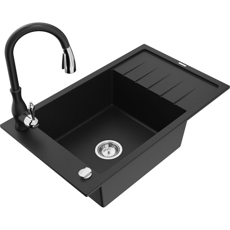 Zlewozmywak granitowy 1-komorowy Mexen Elias z ociekaczem i baterią kuchenną Savita czarny nakrapiany - 6511-76-672601-00 1 szt.