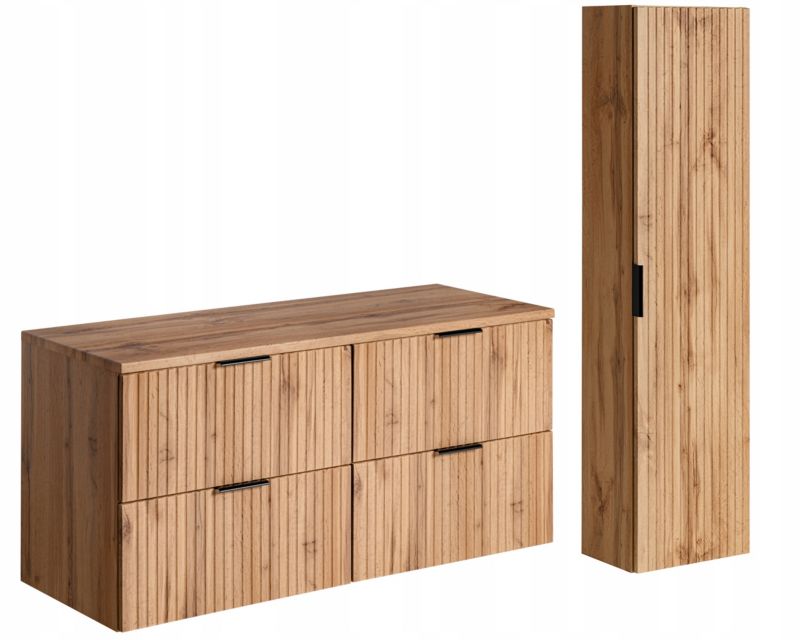 Szafka pod umywalkę i słupek Furnidea 120 cm + 140 cm dąb Wotan ryflowany z umywalką Adel zestaw
