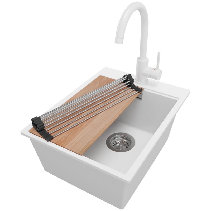 Zlewozmywak Granitowy Oslo PRIMAGRAN Nablatowy 38x50cm do szafki od 40cm z Syfonem i Baterią i Dodatkiem Biały 1 szt.