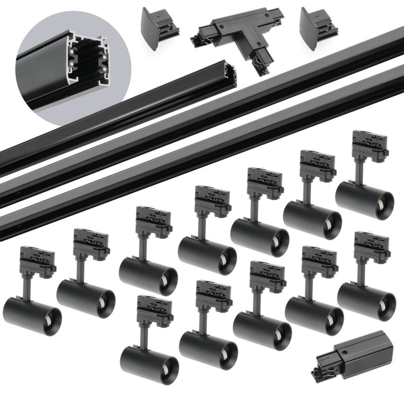 Zestaw szynowy 3-fazowy Kobi szyna 1m+2m+2m, 12x Lampa, łącznik T czarny 1kpl.