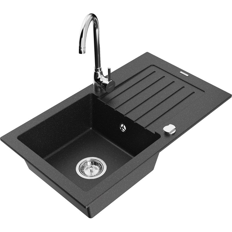 Zlewozmywak granitowy 1-komorowy Mexen Pablo z ociekaczem i baterią kuchenną Telma czarny/srebrny 6510-73-670200-00