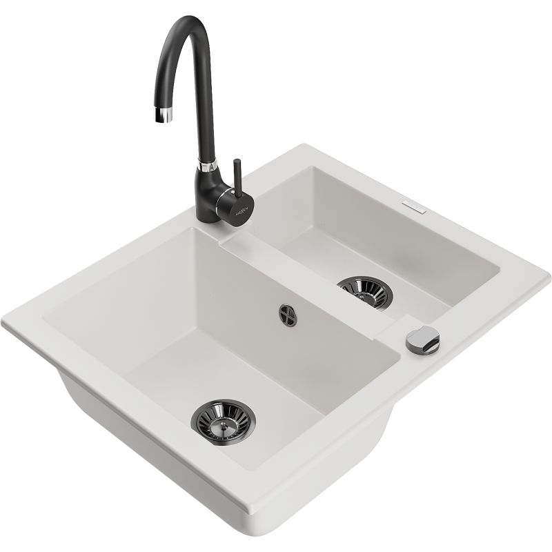 Zlewozmywak granitowy 1.5-komorowy Mexen Carlos z baterią kuchenną Telma czarny - 6518-77-670200-70-B 1 szt.