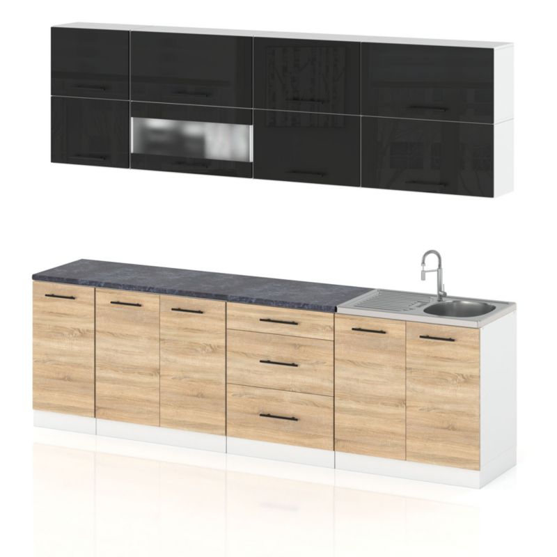 Zestaw Kuchenny Hurtownia-Mebli Z Blatem Kuchnia Robo Lux 260cm Biały Mat Czarny Połysk/Dąb Sonoma 260x52x157 cm 1szt.