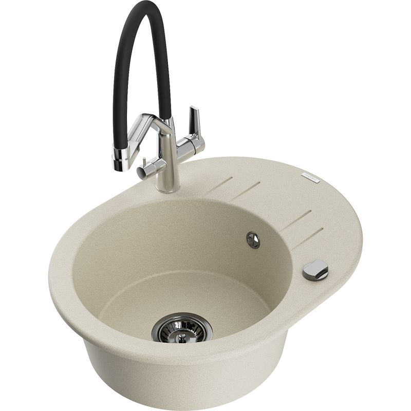 Zlewozmywak granitowy 1-komorowy Mexen Kevin z baterią kuchenną Duo beżowy 6517-69-671701-07-B