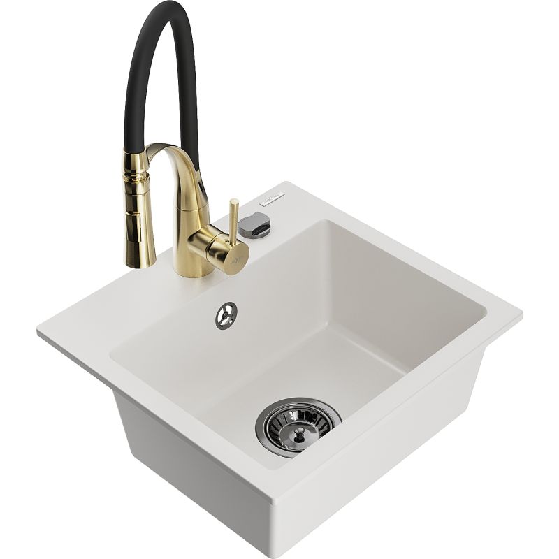 Zlewozmywak granitowy 1-komorowy Mexen Milo z baterią kuchenną Aster biały 6505-20-73450-57-B