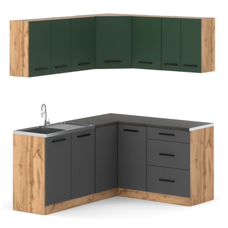 Zestaw Kuchenny Hurtownia-Mebli Z Blatem Kuchnia narożna Diana 320cm Dąb Wotan Butelkowa Zieleń/Szary Mat 320x47x145 cm 1szt.