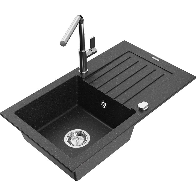 Zlewozmywak granitowy 1-komorowy Mexen Pablo z ociekaczem i baterią kuchenną Flora czarny/srebrny metalik 6510-73-670401-00