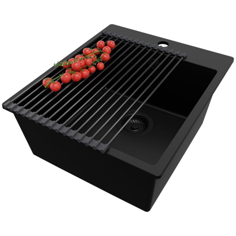 Zlewozmywak Ryga PRIMAGRAN Nablatowy 43x50cm do szafki od 45cm z Syfonem i Dodatkiem Cały Czarny 1 szt.