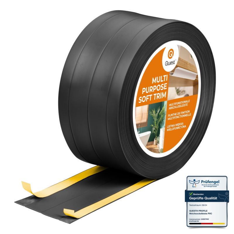 Listwa wykończeniowa W3 z PCV 4w1 95mm, QUEST samoprzylepna, maskująca elastyczna listwa podłogowa, ścienna, czarny, 10m