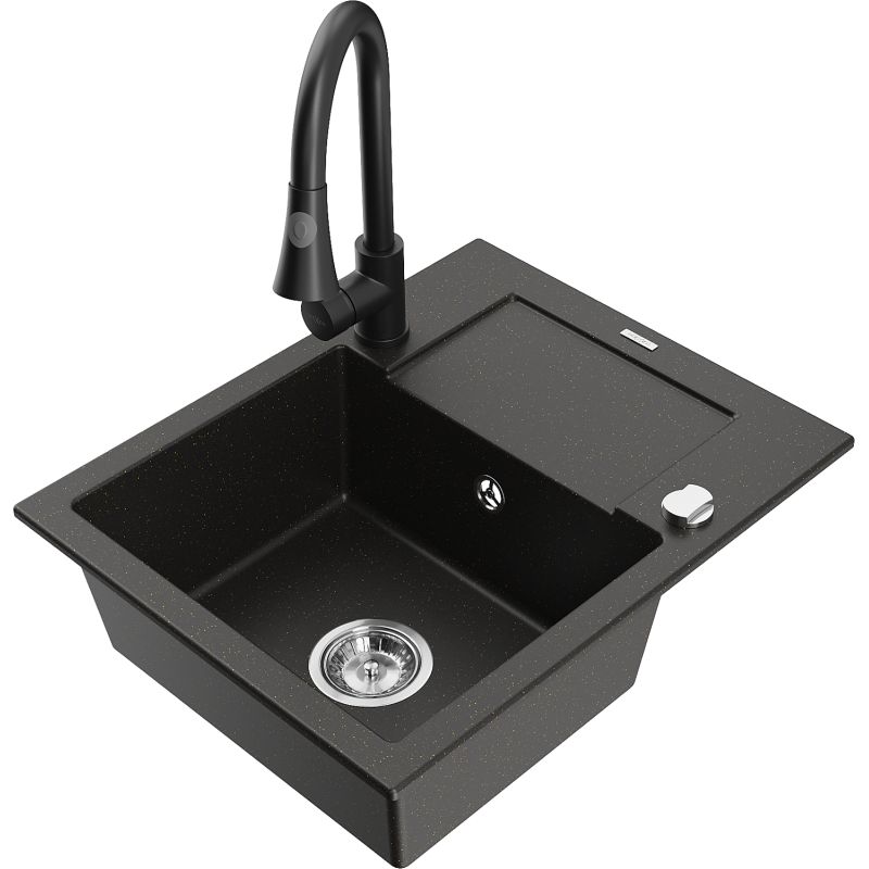 Zlewozmywak granitowy 1-komorowy Mexen Enzo z ociekaczem i baterią kuchenną Elia szary - 6506-71-670101-71 1 szt.