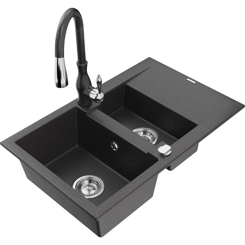 Zlewozmywak granitowy 1.5-komorowy Mexen Gaspar z ociekaczem i baterią Savita czarny nakrapiany - 6507-76-672601-70 1 szt.