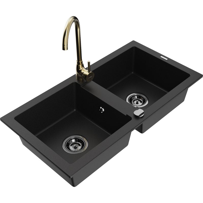 Zlewozmywak granitowy 2-komorowy Mexen Mario z baterią kuchenną Telma czarny - 6504-77-670200-70 1 szt.