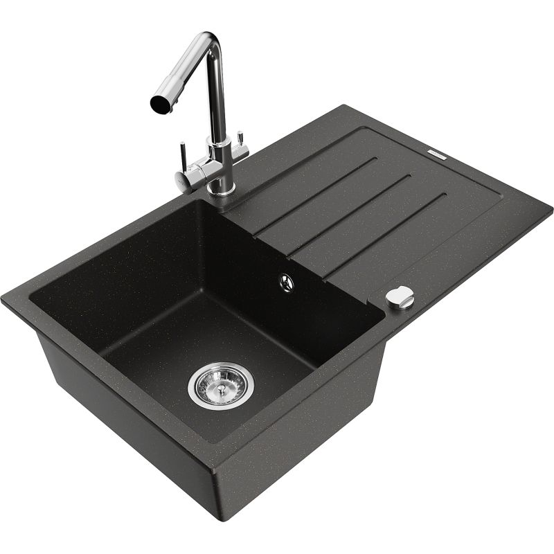 Zlewozmywak granitowy 1-komorowy Mexen Bruno z ociekaczem i baterią kuchenną Duero czarny/złoty metalik 6513-75-671600-00