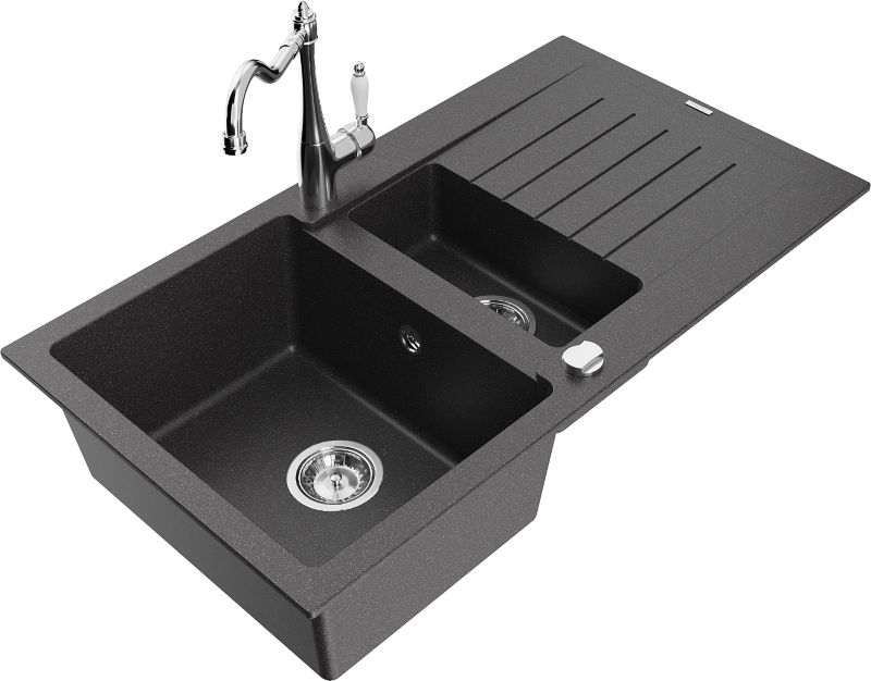 Zlewozmywak granitowy Mexen Matias 1,5-komorowy z ociekaczem i baterią kuchenną Carla czarny 6502-76-670700-00