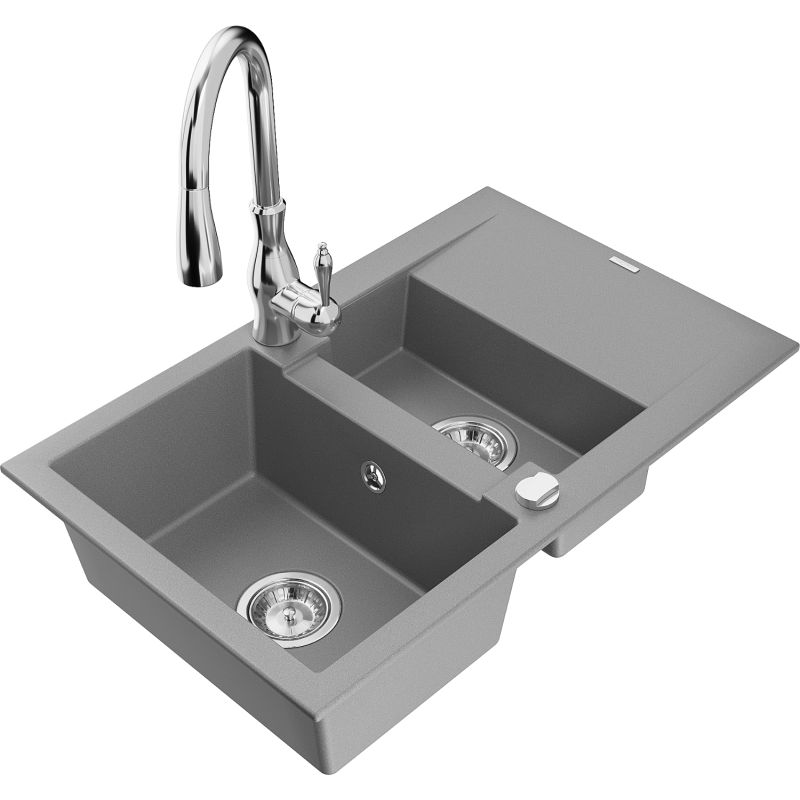 Zlewozmywak granitowy 1.5-komorowy Mexen Gaspar z ociekaczem i baterią kuchenną Savita szary - 6507-71-672601-71 1 szt.