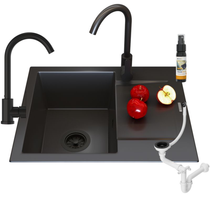 Zlewozmywak Granitowy Jednokomorowy Z Ociekaczem Granitan Top Czarny Zestaw Kuchenny Zlew Bateria Kuchenna Syfon 1 szt.