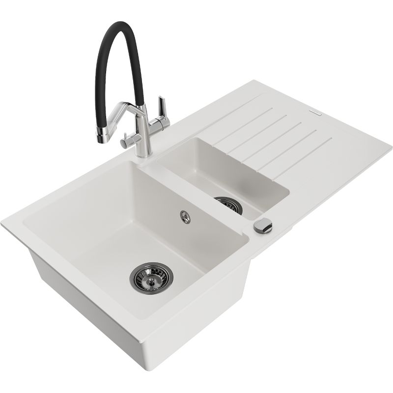 Zlewozmywak granitowy 1.5-komorowy Mexen Matias z ociekaczem i baterią kuchenną Duo biały 6502-20-671701-07-B