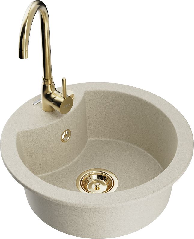 Zlewozmywak granitowy Mexen Diego 1-komorowy z baterią kuchenną Telma beżowy 6512-69-670200-50