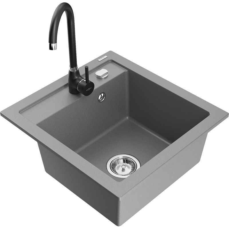 Zlewozmywak granitowy 1-komorowy Mexen Vito z baterią kuchenną Telma szary 6503-71-670200-70