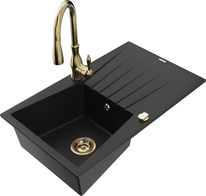 Zlewozmywak granitowy Mexen Cesar 1-komorowy z ociekaczem i baterią kuchenną Savita czarny - 6514-77-672601-70-B 1 szt.