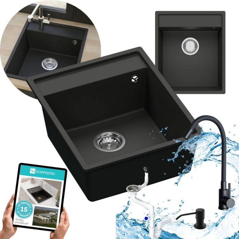 Zestaw zlewozmywak kuchenny GranMaster Magma 1-komorowy z dozownikiem płynu, baterią oraz syfonem, czarny metalik 1szt.