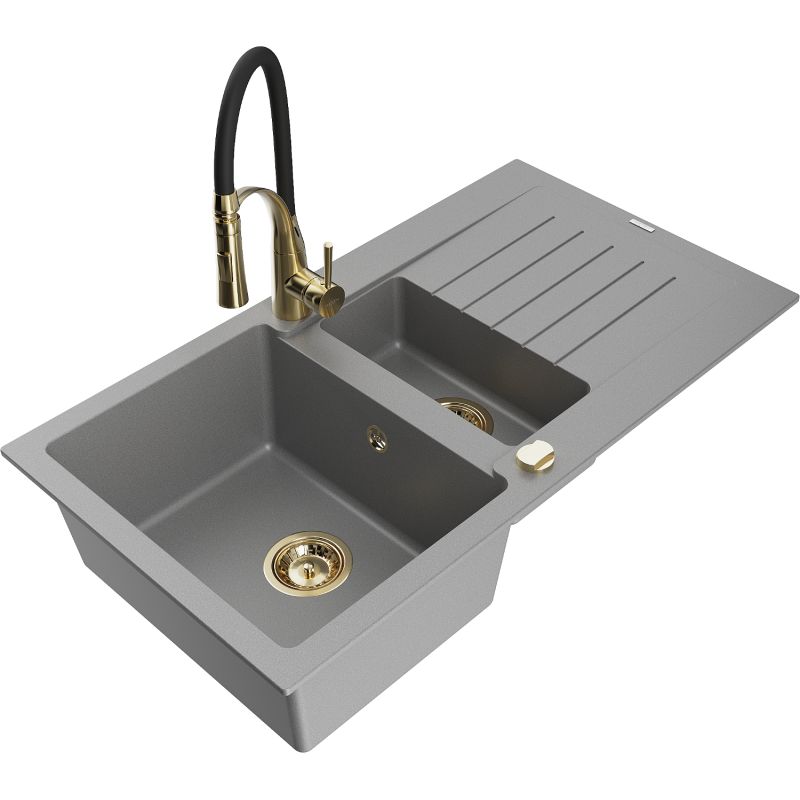 Zlewozmywak granitowy 1.5-komorowy Mexen Matias z ociekaczem i baterią kuchenną Aster szary 6502-71-73450-57-G