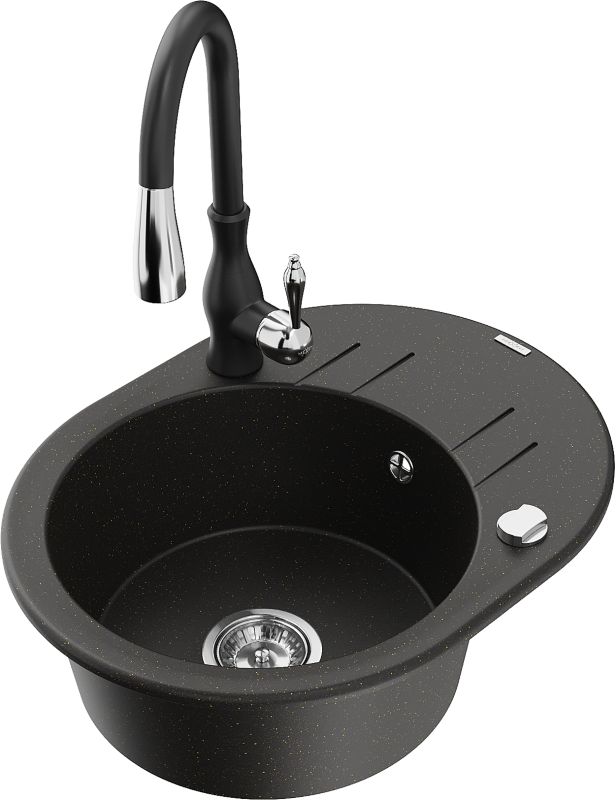 Zlewozmywak granitowy Mexen Kevin 1-komorowy z ociekaczem i baterią kuchenną Savita czarny/złoty 6517-75-672601-70