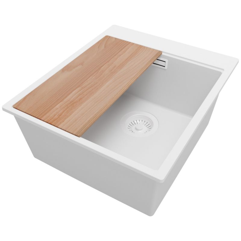 Zlewozmywak Oslo PRIMAGRAN Nablatowy 43x50cm do szafki od 45cm, Cały Biały + Syfon + Deska, S190, 1 szt.