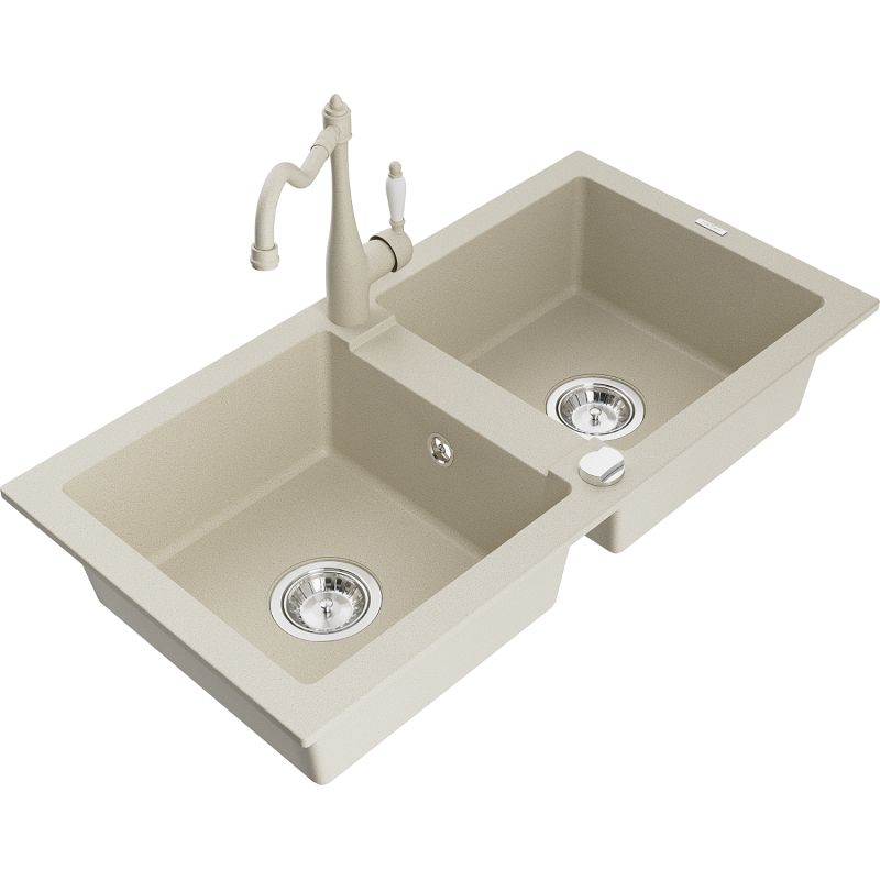Zlewozmywak granitowy 2-komorowy Mexen Mario z baterią kuchenną Carla beżowy 6504-69-670700-69