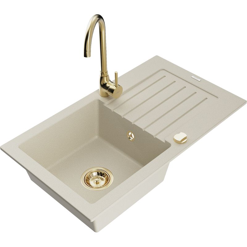 Zlewozmywak granitowy 1-komorowy Mexen Pablo z ociekaczem i baterią kuchenną Telma beżowy 6510-69-670200-50