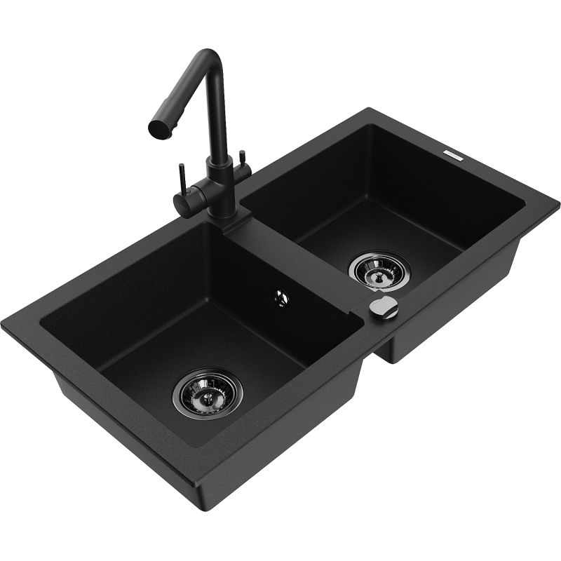 Zlewozmywak granitowy 2-komorowy Mexen Mario z baterią kuchenną Duero czarny nakrapiany - 6504-76-671600-76 1 szt.