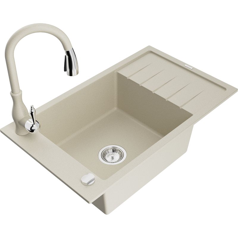Zlewozmywak granitowy 1-komorowy Mexen Elias z ociekaczem i baterią kuchenną Savita beżowy - 6511-69-672601-00 1 szt.