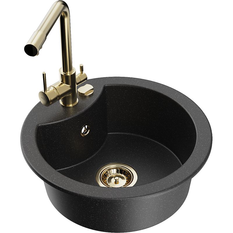 Zlewozmywak granitowy 1-komorowy Mexen Diego z baterią kuchenną Duero czarny/srebrny metalik 6512-73-671600-50