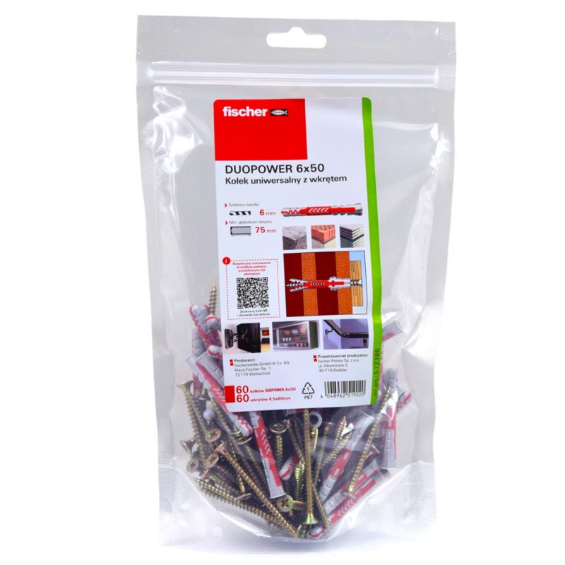Kołek Fischer DuoPower 6 x 50 z wkrętem 60 sztuk