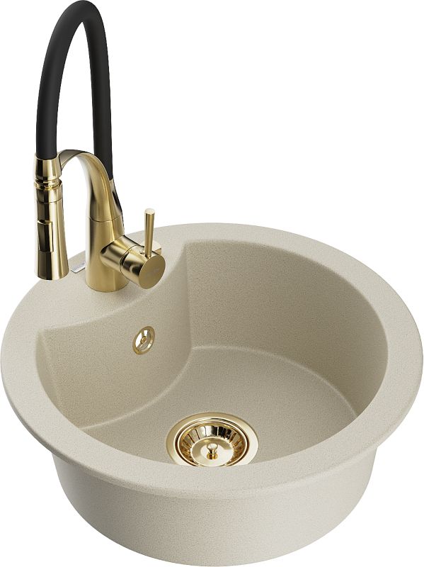 Zlewozmywak granitowy Mexen Diego 1-komorowy z baterią kuchenną Aster beżowy 6512-69-73450-57-G