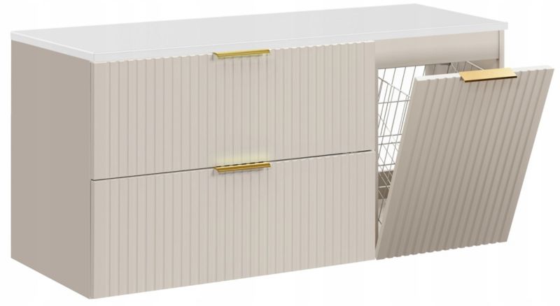 Szafka pod umywalkę Furnidea 120 cm ryflowana z koszem na pranie kaszmirowa z blatem białym Adel 1 szt.