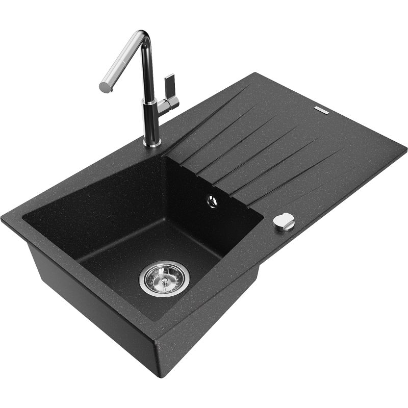 Zlewozmywak granitowy 1-komorowy Mexen Cesar z ociekaczem i baterią kuchenną Flora czarny/srebrny metalik 6514-73-670401-00