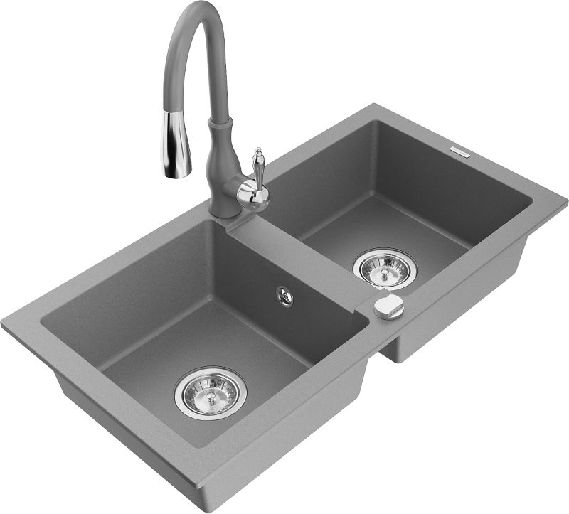 Zlewozmywak granitowy Mexen Mario 2-komorowy z baterią kuchenną Telma szary - 6504-71-670200-71 1 szt.