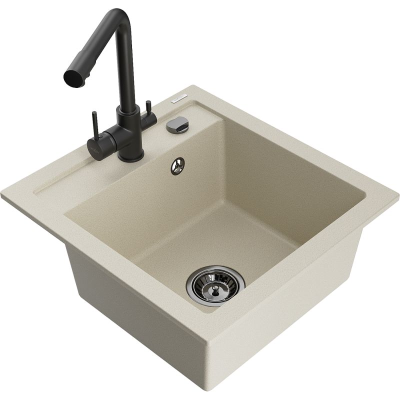 Zlewozmywak granitowy 1-komorowy Mexen Vito z baterią kuchenną Duero biały - 6503-20-671600-70 1 szt.