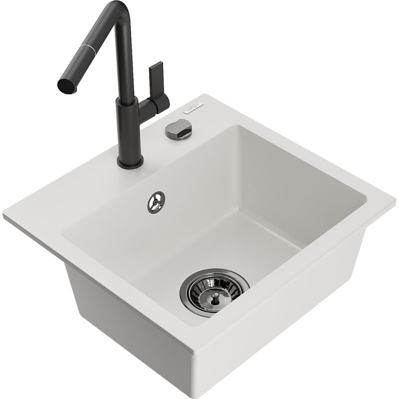 Zlewozmywak granitowy 1-komorowy Mexen Milo z baterią kuchenną Flora czarny - 6505-77-670401-70-B 1 szt.