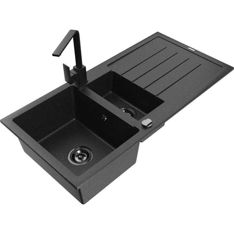 Zlewozmywak granitowy 1.5-komorowy Mexen Andres z ociekaczem i baterią Rita czarny/srebrny metalik - 6515-73-670300-70 1 szt.