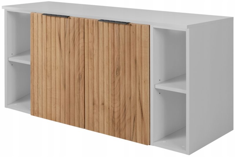 Szafka łazienkowa Furnidea 120 cm wisząca pod umywalkę dąb craft złoty z białym blatem i regałami Flow 1 szt.