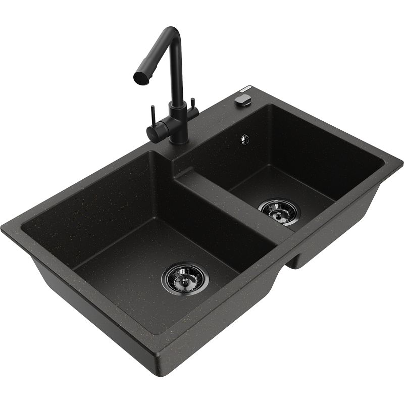 Zlewozmywak granitowy 2-komorowy Mexen Tomas z baterią kuchenną Duero szary - 6516-71-671600-71 1 szt.