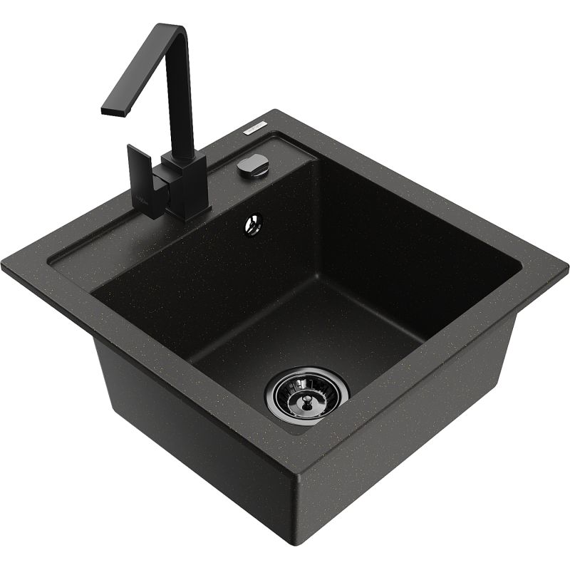 Zlewozmywak granitowy 1-komorowy Mexen Vito z baterią kuchenną Rita czarny/złoty metalik - 6503-75-670300-70 1 szt.