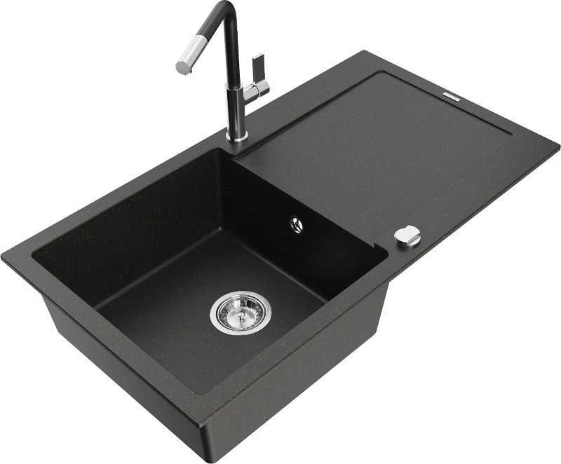 Zlewozmywak granitowy Mexen Leo 1-komorowy z ociekaczem i baterią kuchenną Flora czarny/złoty 6501-75-670401-07