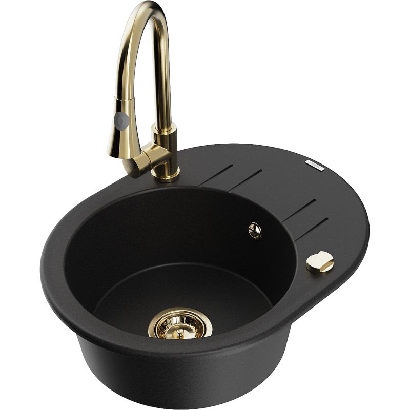 Zlewozmywak granitowy 1-komorowy Mexen Kevin z ociekaczem i baterią kuchenną Elia czarny - 6517-77-670101-70 1 szt.